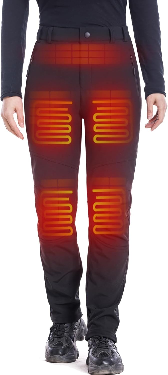 DEWBU Heated Pants for Women with 12V Battery Pack Fleece Lined Outdoor Softshell Pants Electric Heating Trousers