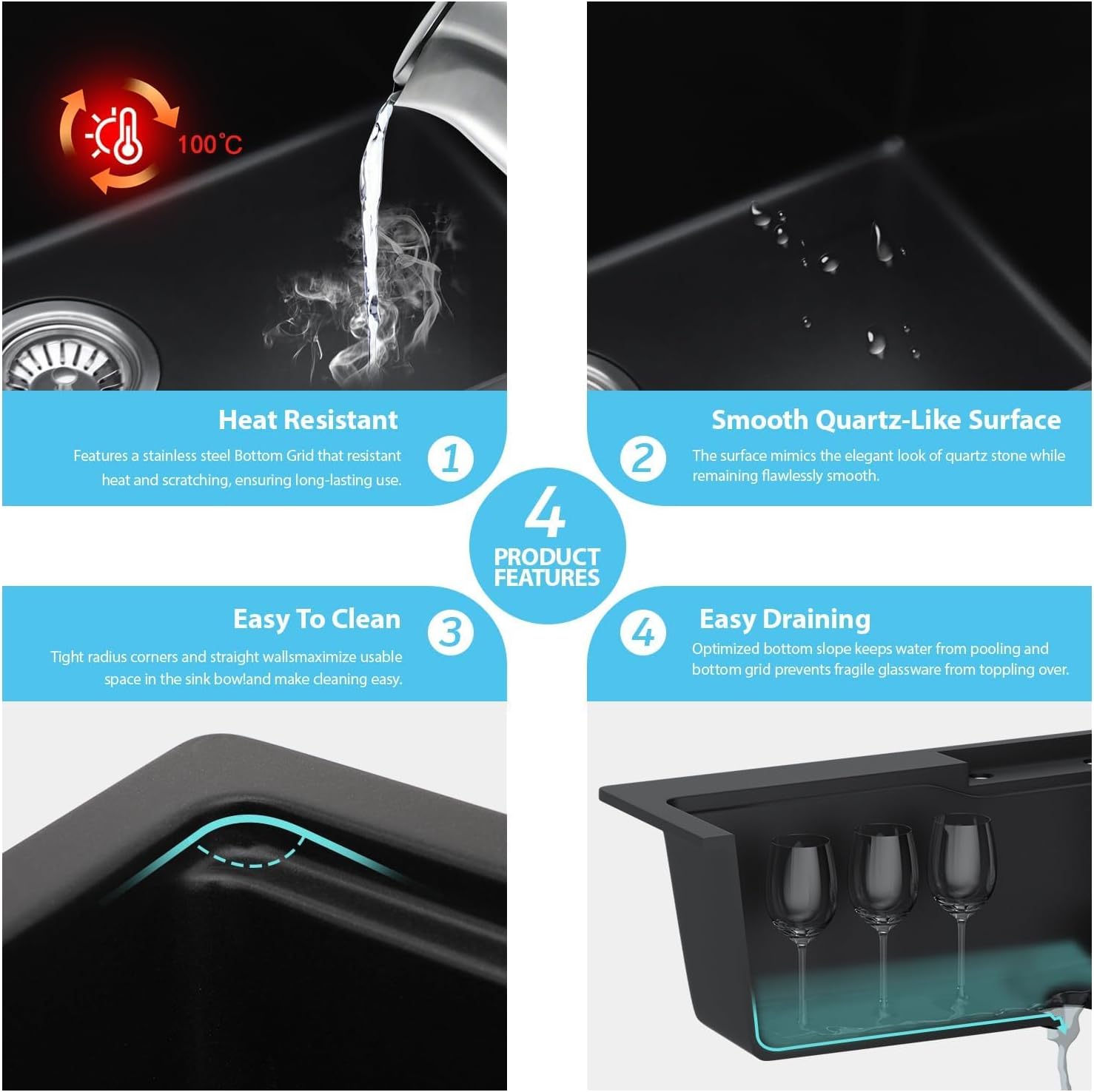 Kichae 33 Kitchen Sink Drop In Waterfall - 33"x22" Black Granite Quartz Composite Smart Single Bowl Waterfall Workstation with Pull Down Faucet Combo