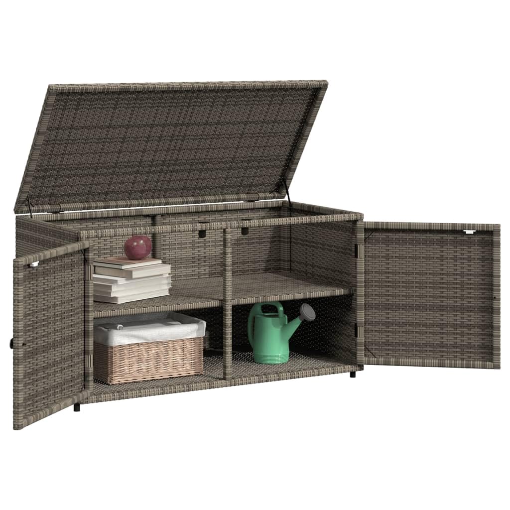 Makastle Rattan Deck Box, PE Wicker Storage Cabinet w/Doors and Shelves, Steel Frame, Patio Storage Box for Garden Balcony Porch Yard, Grey 110x55x60.5 cm