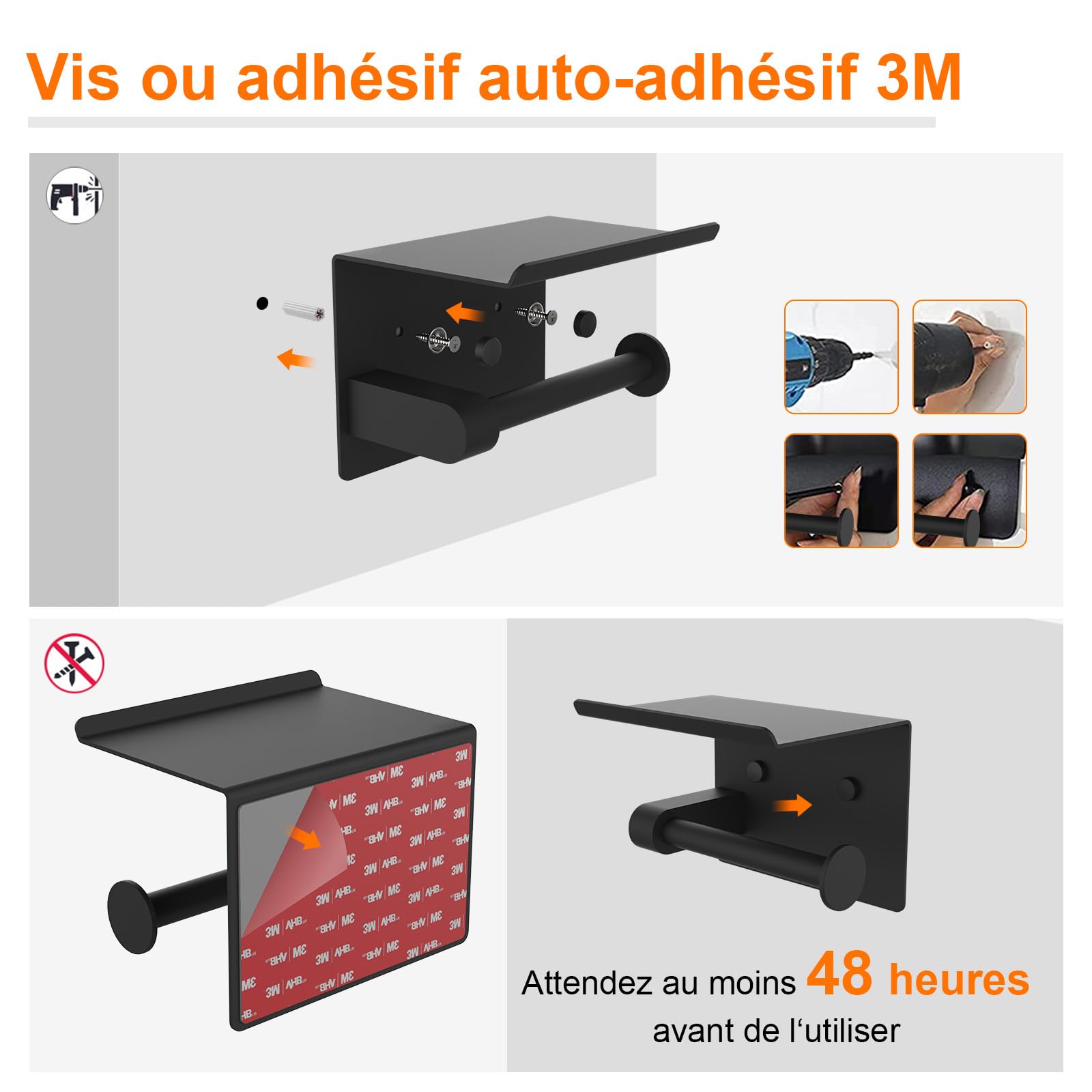 Ibergrif MK34053B Porte Papier Toilette Mural en Acier Inoxydable, Support avec Étagère, Noir