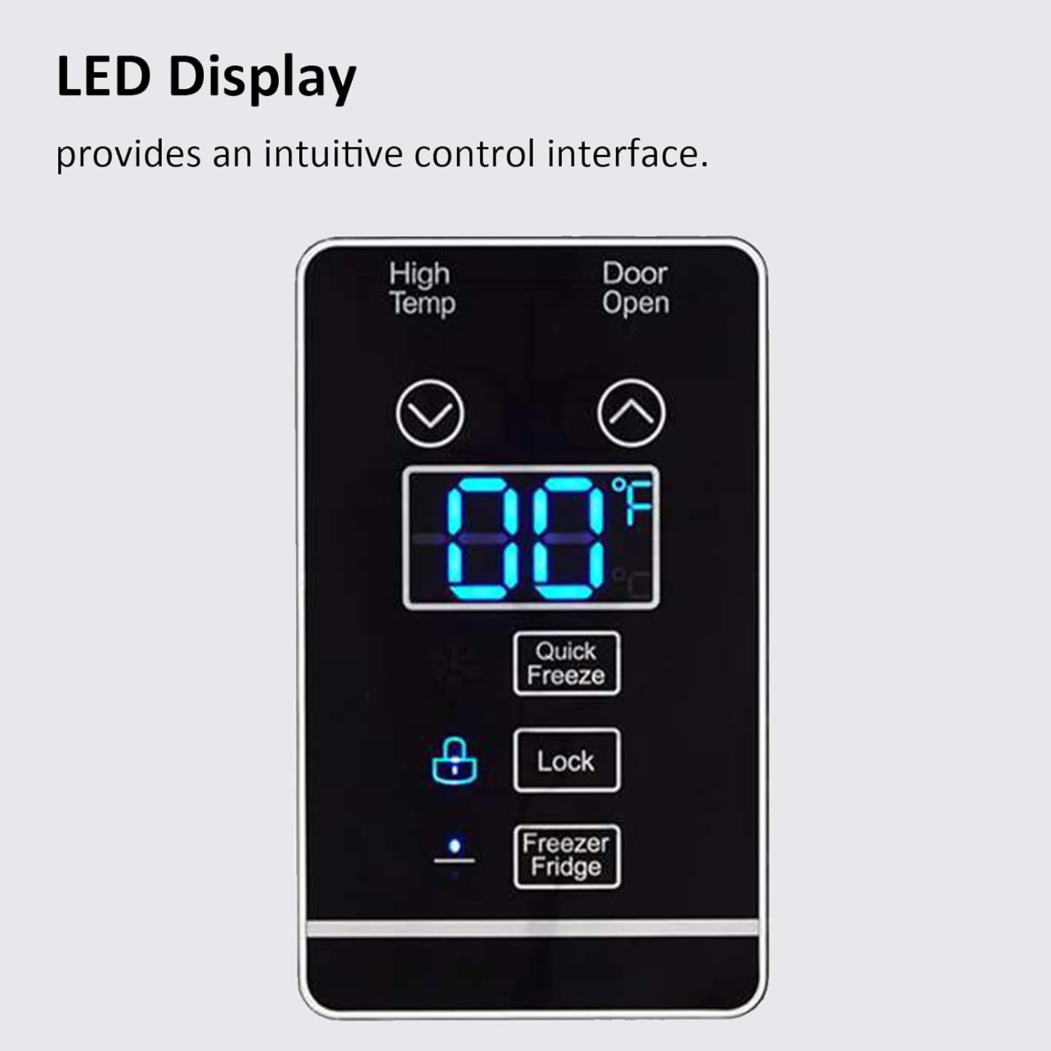 Close-up of the LED display control panel on the freezer door, showing temperature setting, quick freeze, and lock functions.