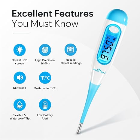 Easy@Home Digital Basal Thermometer for Ovulation: Backlight LCD Display 1/100th Degree High Precision BBT, Memory Recall, NOT Bluetooth Enabled Scan Results with Premom Fertility Tracker App, Blue