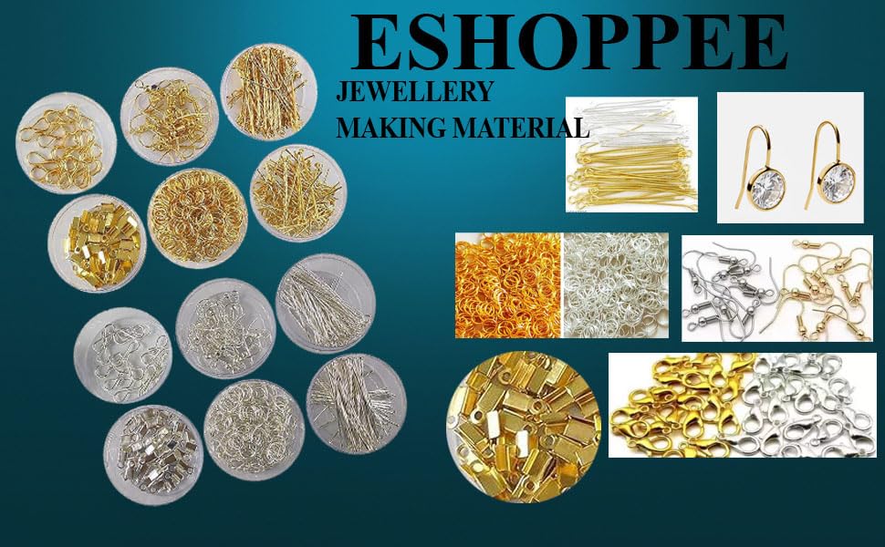 Image of eshoppee Jewellery Making Material Fitting kit Includes s Hooks, Jump Ring, keel, kunda, Earring, Necklace end Locking, chhalle,Ring, etc.(Silver Golden)