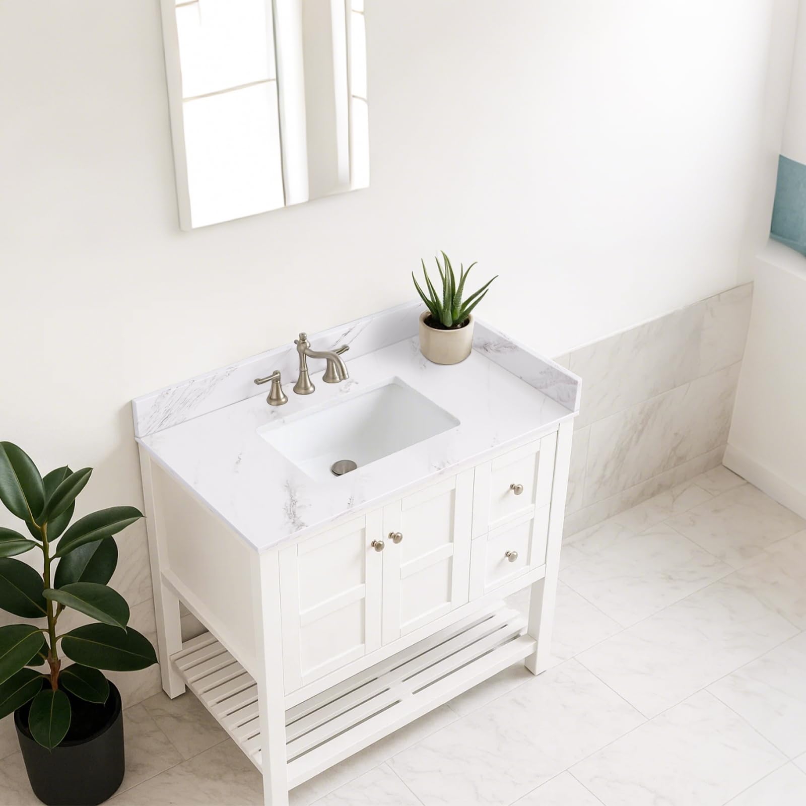 Dornberg 30"x22" Quartz Ocean White Bathroom Vanity Top, with Undermount Middle Sink Vanity Top,with One Sidesplash & One Backsplash,Single Faucet Hole Spread Bathroom Vanity Sink Countertop