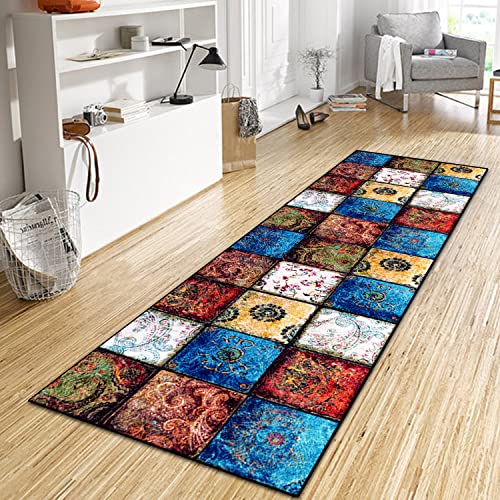 WTHYGB Teppich Läufer Flur Küche 100x170 cm, Vintage rutschfest Waschbar Küchenläufer Flurläufer, Lang Polyester Plaid Muster Blau-Gelb Teppichläufer für Korridor, Schlafzimmer, Innen Wohnzimmer