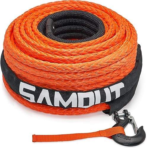 Samout Synthetic Winch Rope Cable Kit: 3/8In X 92Ft 25500Lbs With Protective Sleeve + Forged 35000Lbs Winch Hook + Safety Pull Strap #TOP1