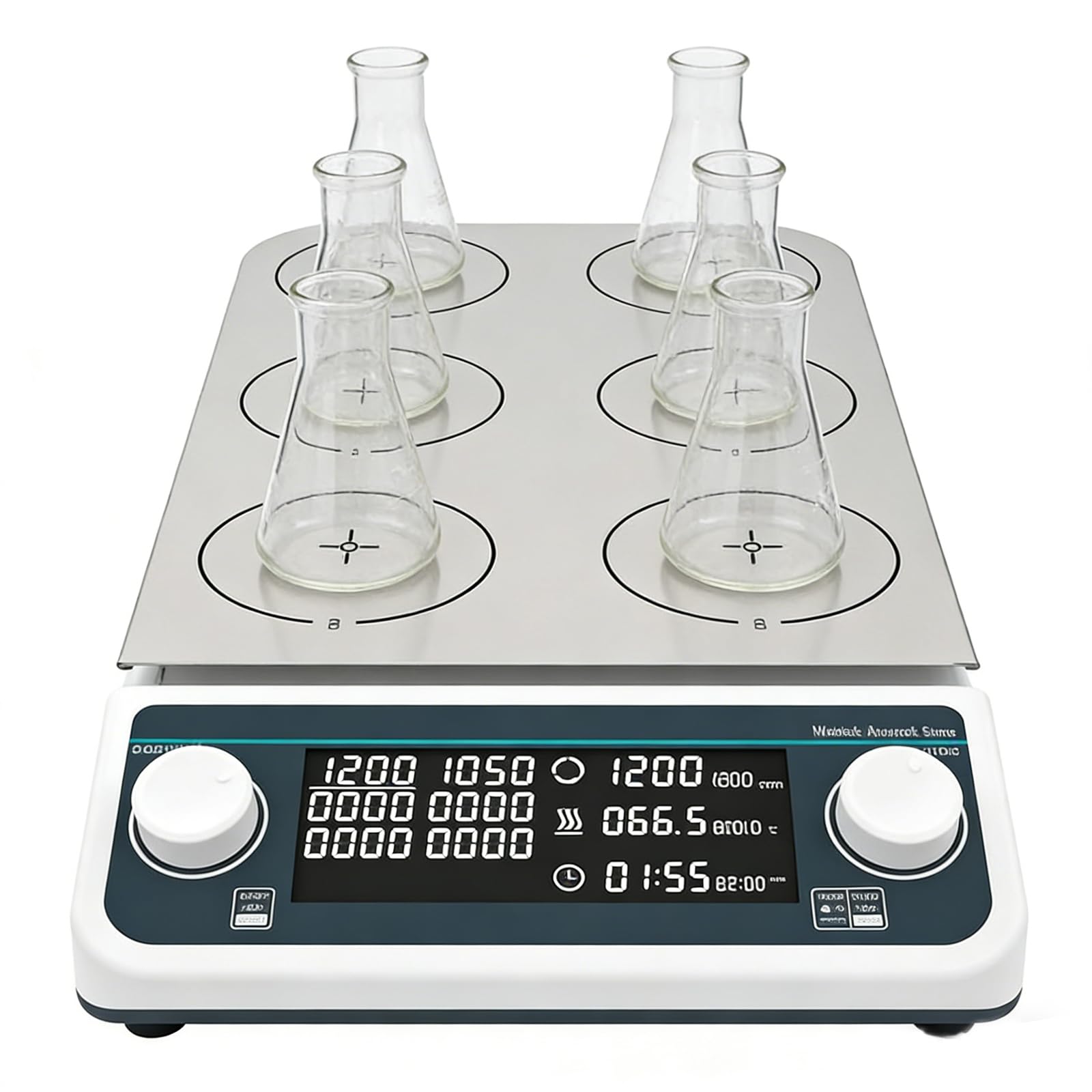 Piastra Riscaldante con Agitatore Magnetico, Agitatore Magnetico Multipiastra a 6 Posizioni con Riscaldamento, capacità 6 * 500 Ml, 50-1500 Giri/min | con Funzione di Temporizzazione