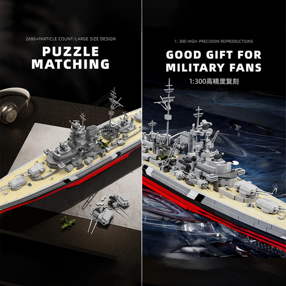Bismarck Schlachtschiff Bausteine Bausatz, 2686 Klemmbausteine 1:300 Großes Militärflugzeugträger Bismarck aus dem Zweiten Weltkrieg Modellbausätze, Perfekt Geschenk für Erwachsene Sammler Jugendliche