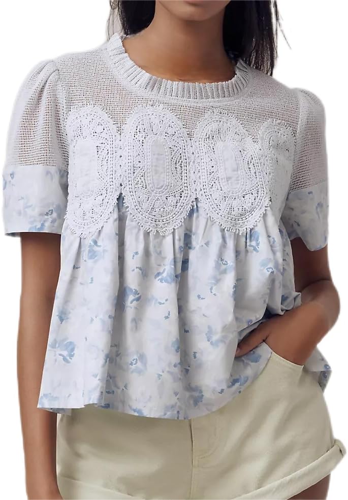 VAOYIU Women Lace-Detail Flared Blouse Short-Sleeve Crew Neck Lace Poplin Mesh Swing Top Elegant Loose Intricate Back Design