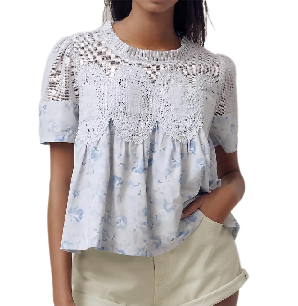 VAOYIU Women Lace-Detail Flared Blouse Short-Sleeve Crew Neck Lace Poplin Mesh Swing Top Elegant Loose Intricate Back Design(Blueprint-S)