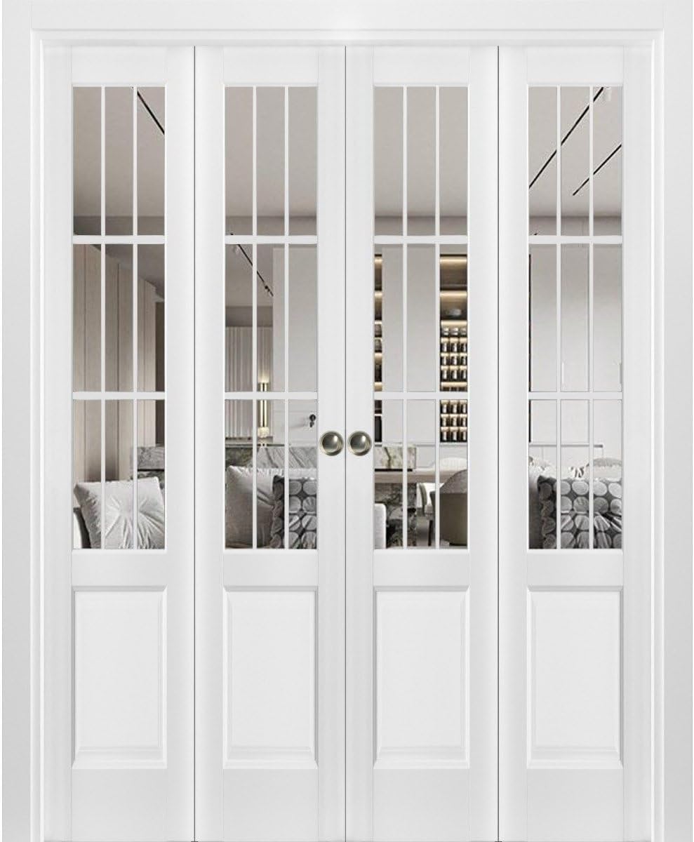 Sliding Closet Double Bi-fold Doors 72" x 84" (4 * 18x84) | Felicia 3599 White Silk with Clear Glass | Sturdy Tracks Moldings Trims Hardware Set | Wood Solid Bedroom Wardrobe Doors