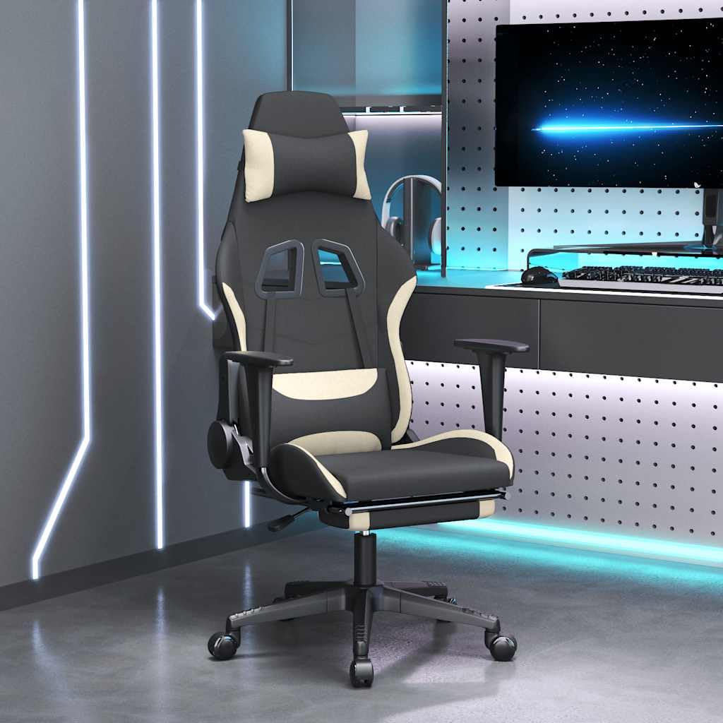 Genérico Silla Gaming de Masaje con reposapiés Tela Negro y Crema,Mobiliario,Sillas,Sillas gaming-345501
