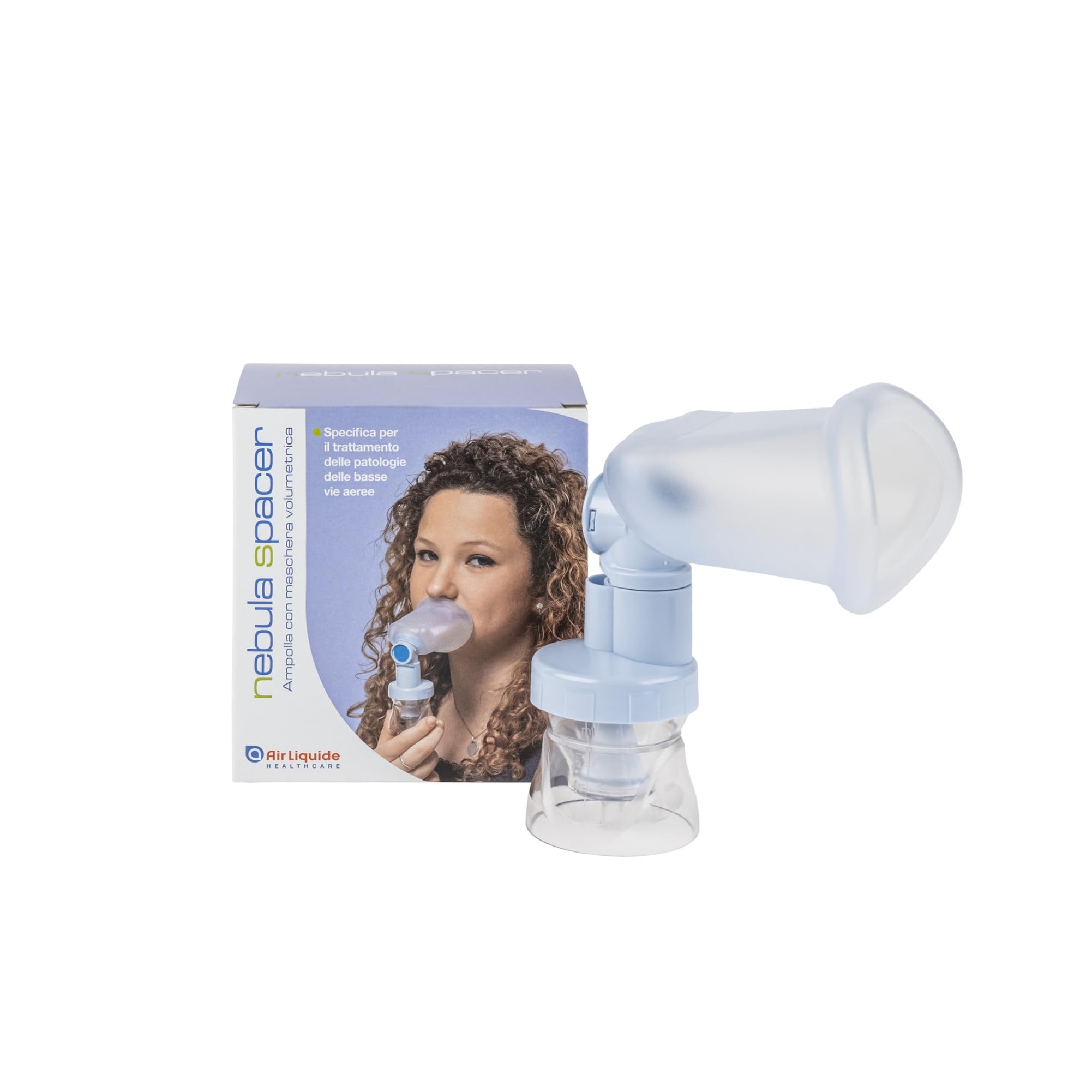 Air Liquide Healthcare, NEBULA SPACER, Ampolla con Maschera per Pazienti Cooperanti (6> anni), Terapia delle Basse Vie Respiratorie, Compatibilità Universale con tutti gli Aerosol di tipo pneumatico