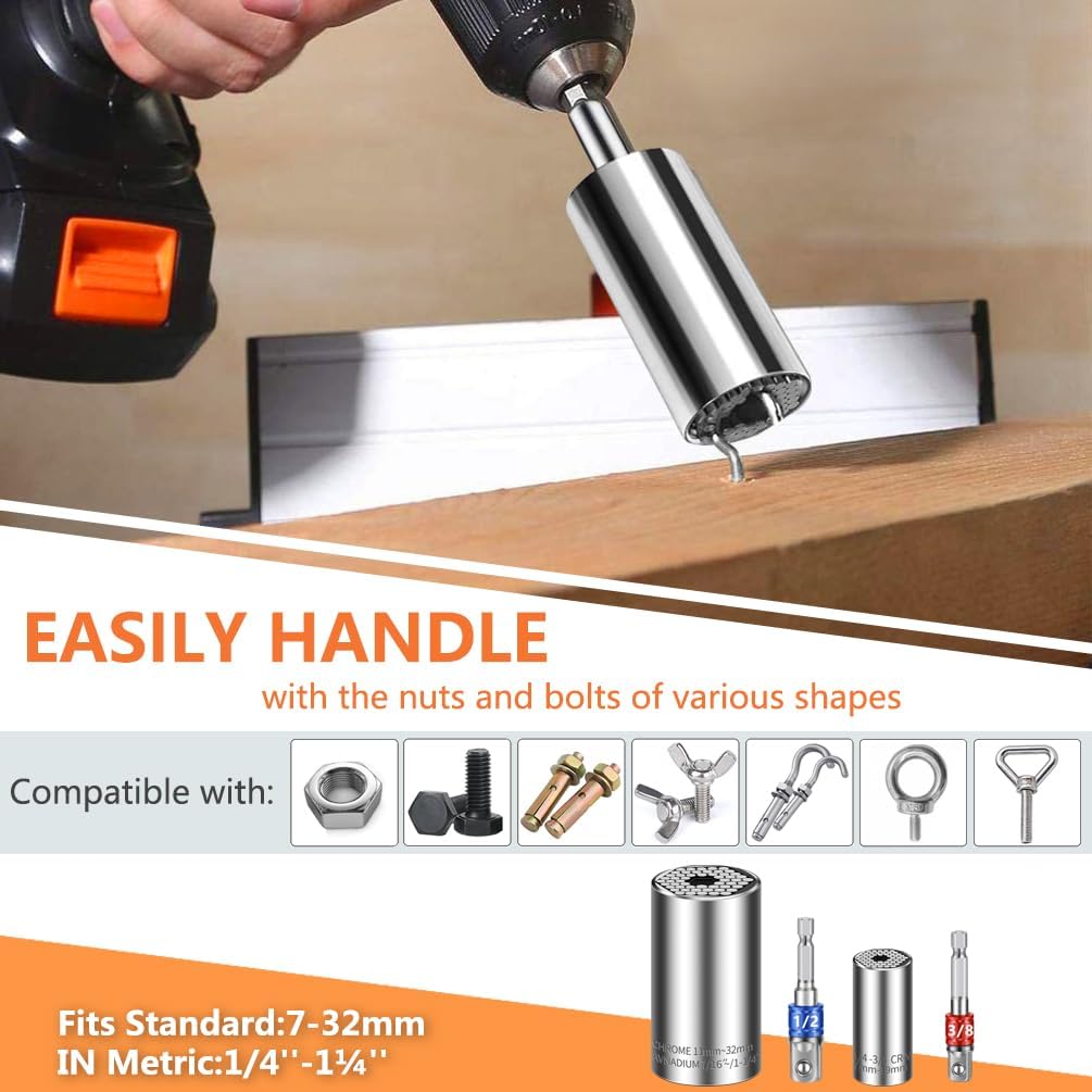 Universal Socket Set (7-19mm 11-32mm) Super Socket For Unscrew Any Bolt Tools with 3/8" 1/2" Power Drill Adapters Super Sockets Multi-function Tool Gift for Dad, Husband and Men 4PCS