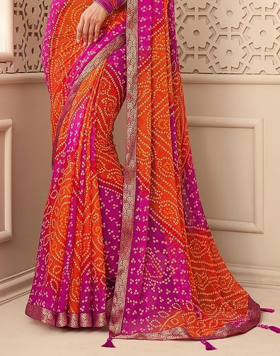 Women's Chiffon Bandhani Printed Saree With Unstitched Blouse