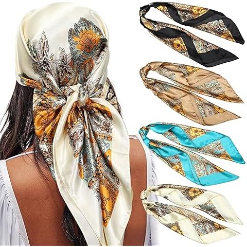 AWAYTR Satin Large Square Head Scarves - 4PCS Silk Like Neck Scarf Lightweight Hair Sleeping Wraps for Women (Cashew(Black/Blue/Camel/Beige)) Cover