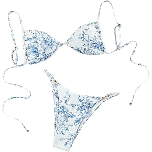 SHENHE Women's Thong Bikini Set Floral Print Ruched Tie Back Low Rise 2 Piece Swimsuits