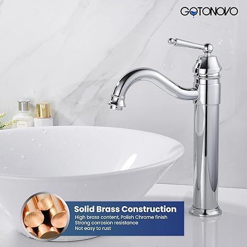 Miniatura 4 de gotonovo Grifos para lavabo de baño, cromo pulido, un solo mango, cuerpo alto, caño giratorio, acabado plateado, desagüe desplegable sin