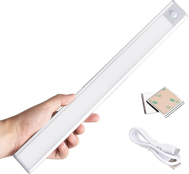 GRIFEMA Motion Sensor Lights Indoor, Magnetic Lights USB Rechargeable, Under Cupboard Kitchen Lights, Stick on Lights for Wardrobe, Stair or Shed Lights, 72 LED, 3 Modes, 40CM [Energy Class A], Silver