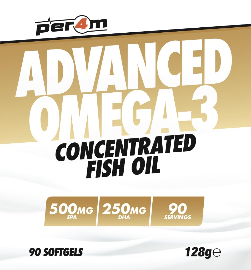 Per4m Advanced Omega-3, Kwasy Tłuszczowe EPA i DHA z Oleju Rybiego, Zdrowie Serca i Mózgu, Redukcja Stanów Zapalnych, Zdrowie Stawów i Skóry dla Aktywnych, Suplementacja – Kapsułki Softgel – 90 szt.