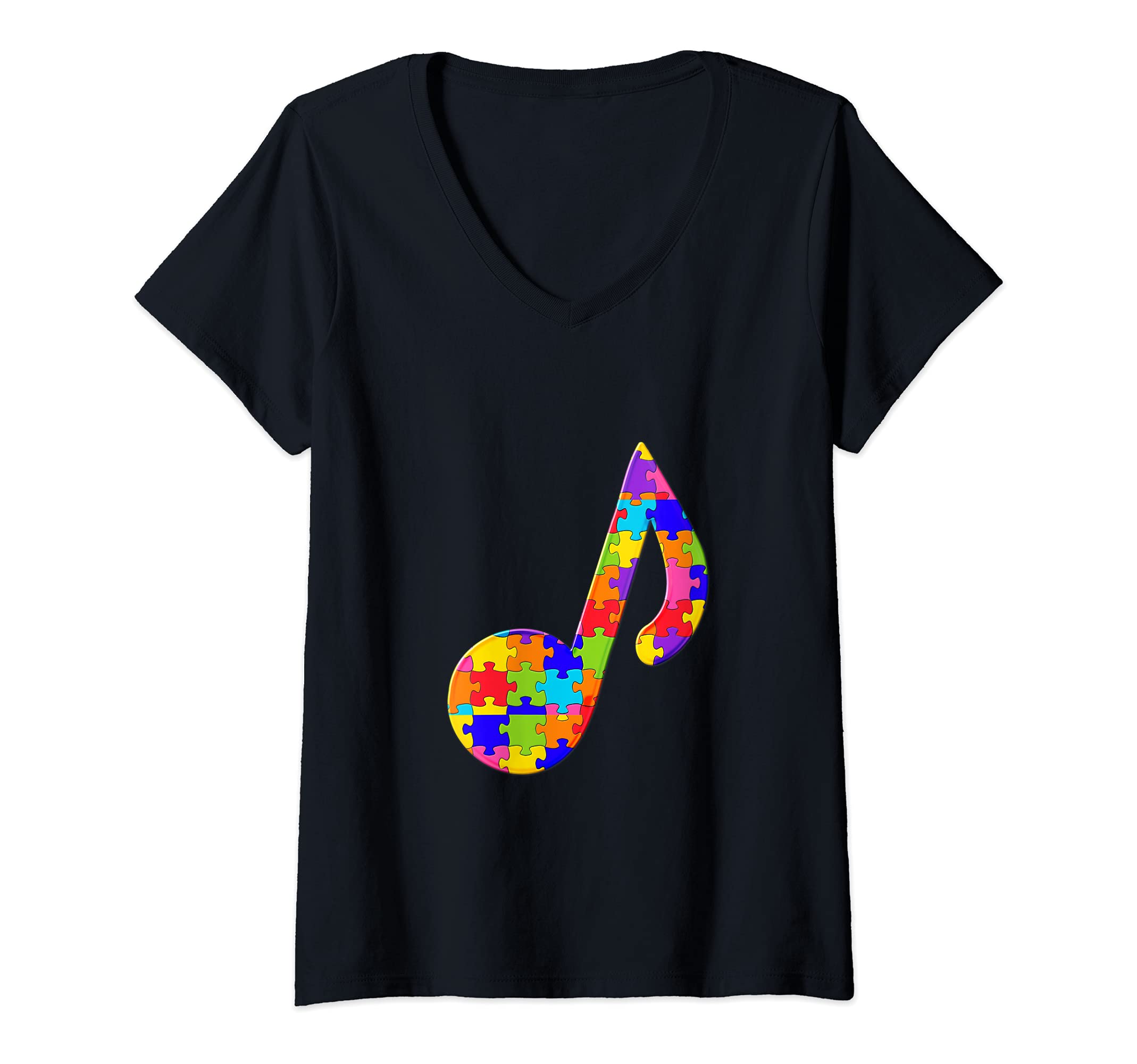 Womens Clef Musical Note aural Jigsaw Autism Puzzle V-Neck T-Shirt
