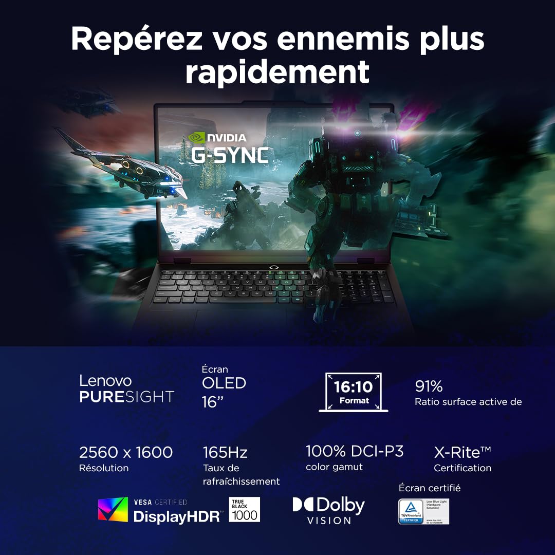 Lenovo Legion Pro 5 16IAX10H - Ordinateur Portable Gaming 16'' OLED WQXGA 165Hz (Intel Ultra 7 255HX, RAM 32Go, SSD 1To, NVIDIA RTX 5070 8GB, Windows 11) Clavier rétroéclairé en Blanc AZERTY - Noir