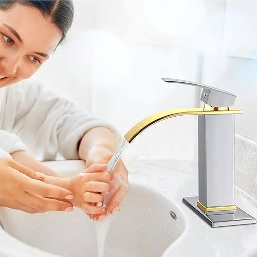 Miniatura 2 de Midanya Grifo de lavabo de montaje en cubierta de un solo agujero, grifo de lavabo de baño en cascada, grifo de baño de cascada de oro pulido, grifo