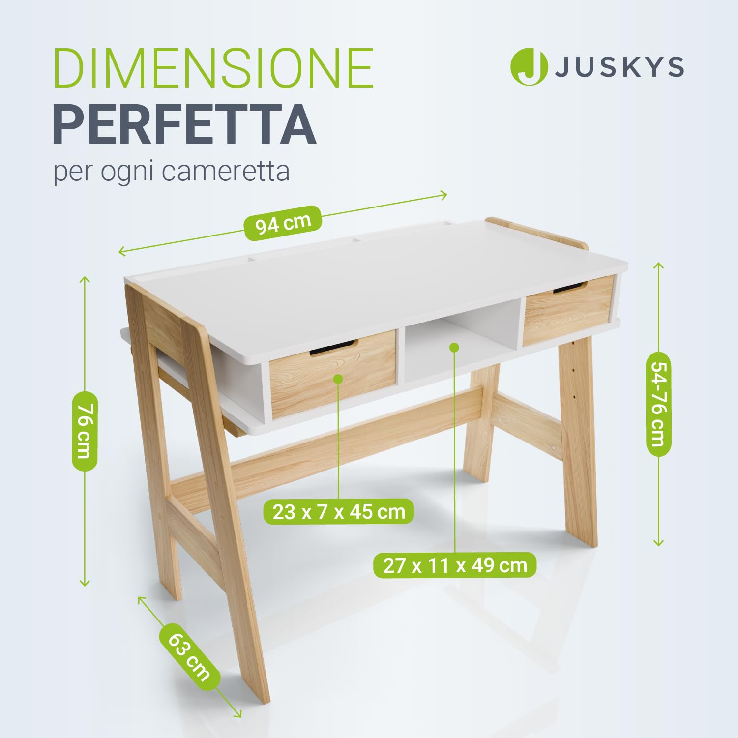 Juskys Scrivania per Bambini Fietje - Scrivania Regolabile in Altezza con 2 Cassetti - Materiale Robusto e Antigraffio - Ampio Spazio di Archiviazione
