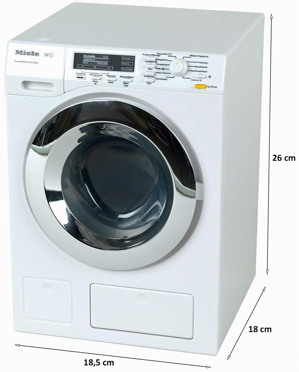 Theo Klein 6941 Miele Waschmaschine I Vier Waschprogramme und Originalgeräusche I 18,5 cm x 26 cm x 18 cm I Spielzeug für Kinder ab 3 Jahren, Weiss & 6254 - Bosch Bügeleisen, Spielzeug