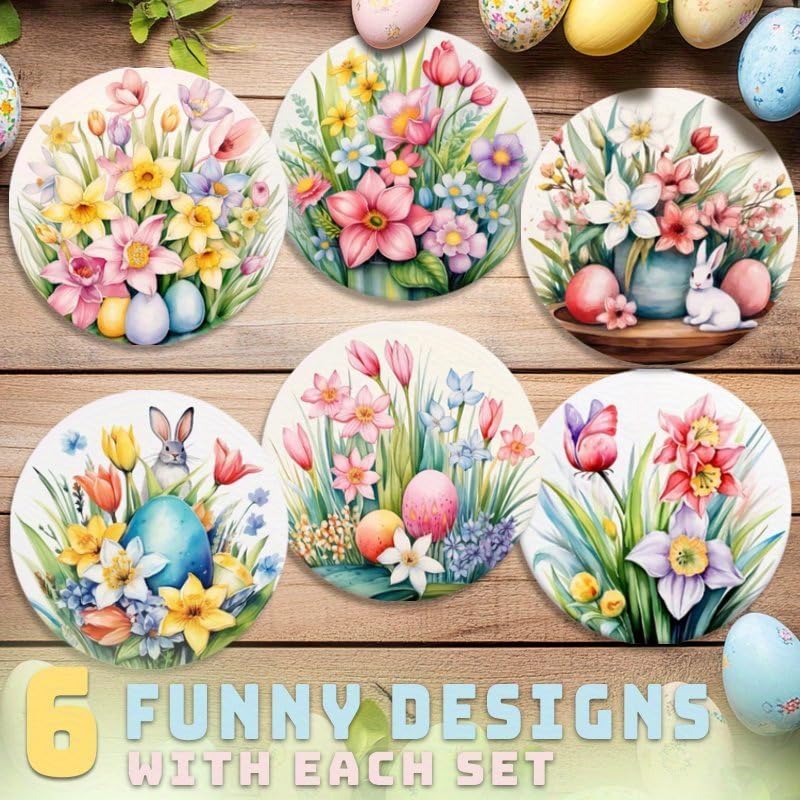 Image of Set of 6 Wooden Coasters Featuring Easter Egg and Floral Designs, 3.94x3.94 Inches a€ inch Perfect for Patio Tables, Kitchen, or Living Room a€ inch an Ideal Easter Gift for Friends and Family