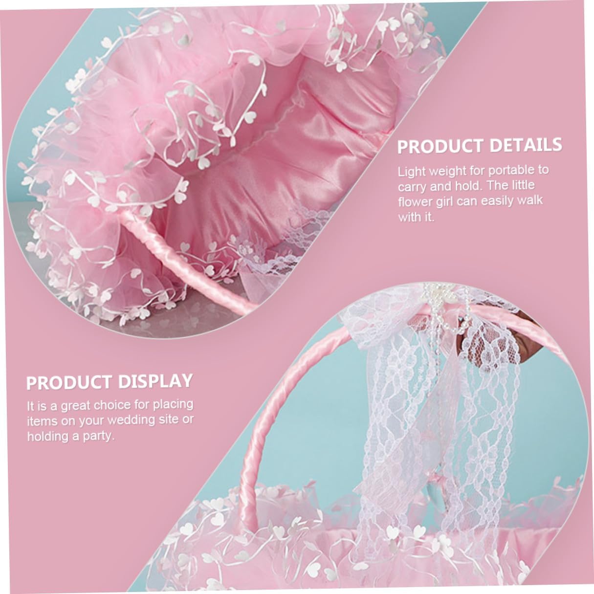 Beaupretty Portable Lace Wedding Flower Basket for Flower Girl, Foldable Pink Handheld Decorative Storage Container, Romantic Ceremony Supply for Weddings and Parties