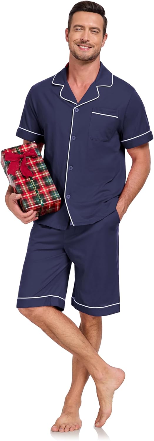 EA'S SECRET Men's 100% Cotton Pajamas Set Short Sleeve Button Down Notched Collar Sleepwear Lounge Pjs Set With Pockets - Image 2