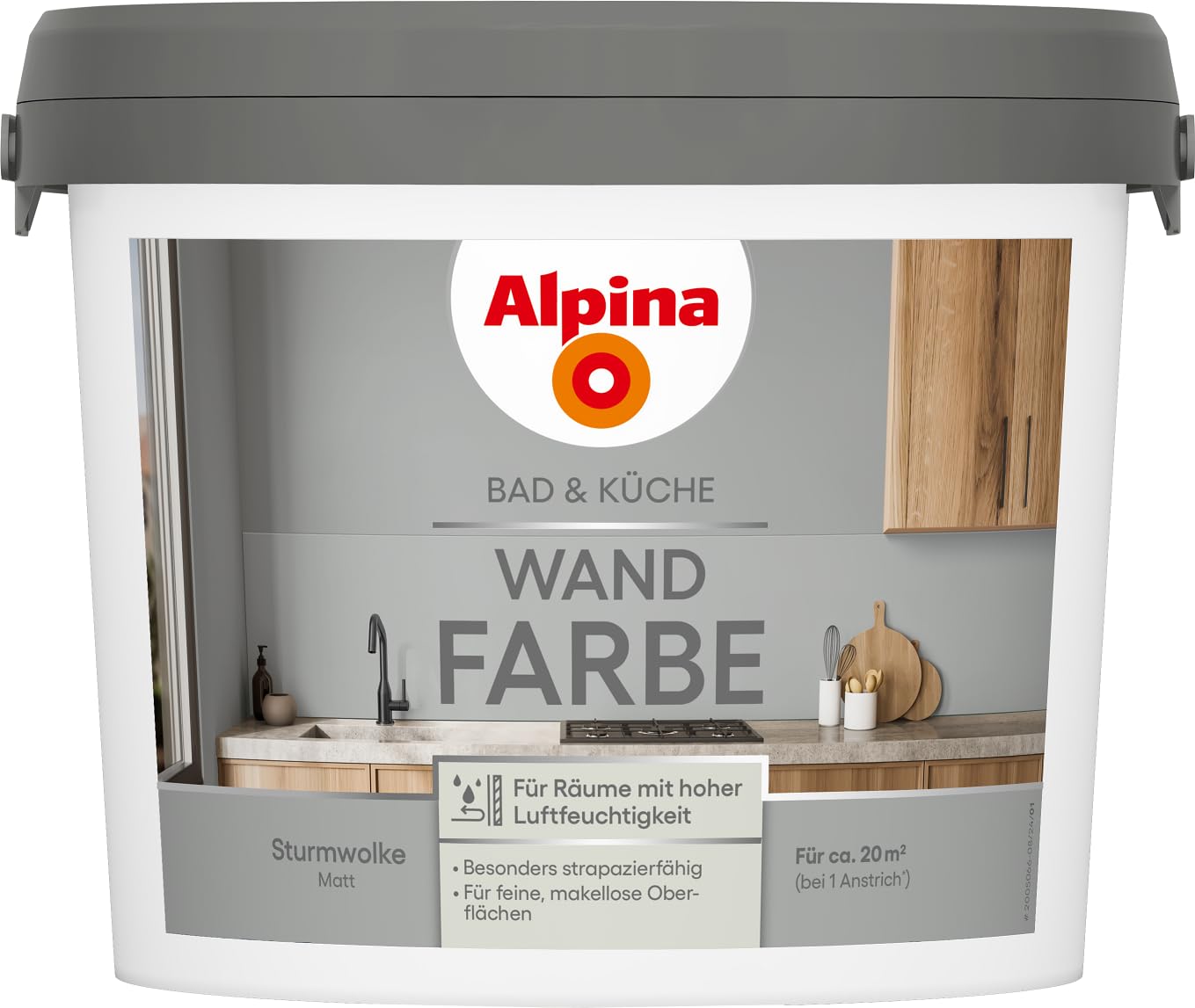 Alpina Bad & Küche Wandfarbe Sturmwolke – matte Innenfarbe für Feuchträume, hohe Deckkraft & tropfgehemmt, streichfertige Wand- und Deckenfarbe zum Ausbessern – 5L