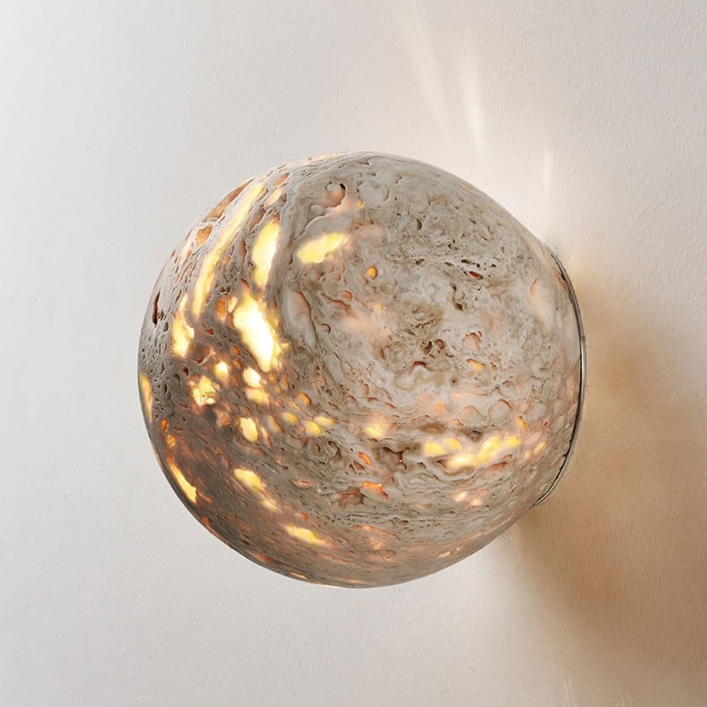 SXWNBIFH Yellow Travertine Wall Sconce, Natural Retro Stone Wall Light Minimalist Spherical Wall Lamp Japanese Wabi Sabi Style for Bedside, Bedroom, Living Room, Kitchen(15cm)