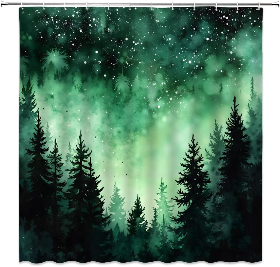 Fantasy Misty Forest Shower Curtain, Dark Green Star Night 70x70 in