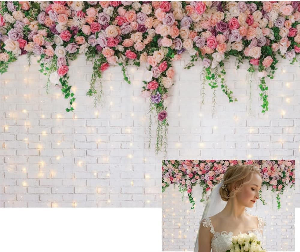 Renaiss 10x8ft Pink Flowers Brick Wall Backdrop Glitter White Brick Wall Rose Floral Wedding Photography Background for Mother's Day Bridal Baby