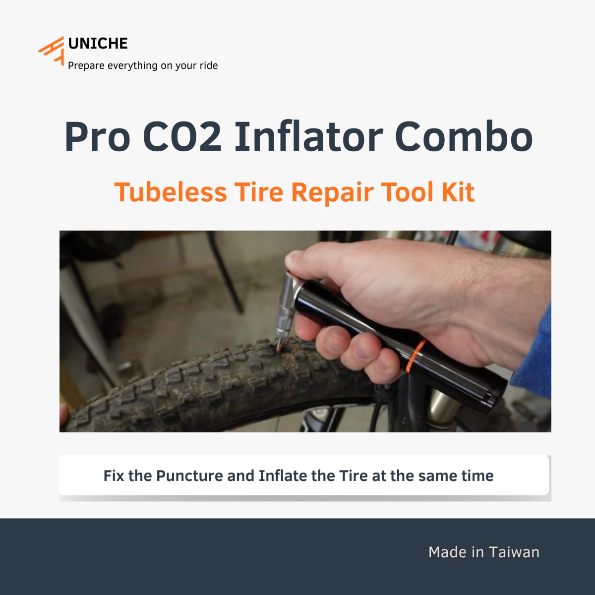 2 in 1 Pro Tubeless Bike Tire Repair & CO2 Inflation Kit, Tire Repair Kit for Road Bike, MTB - Includes Canister, Plugger Tool and Bacon Strips (CO2 Cartridges Not Included)