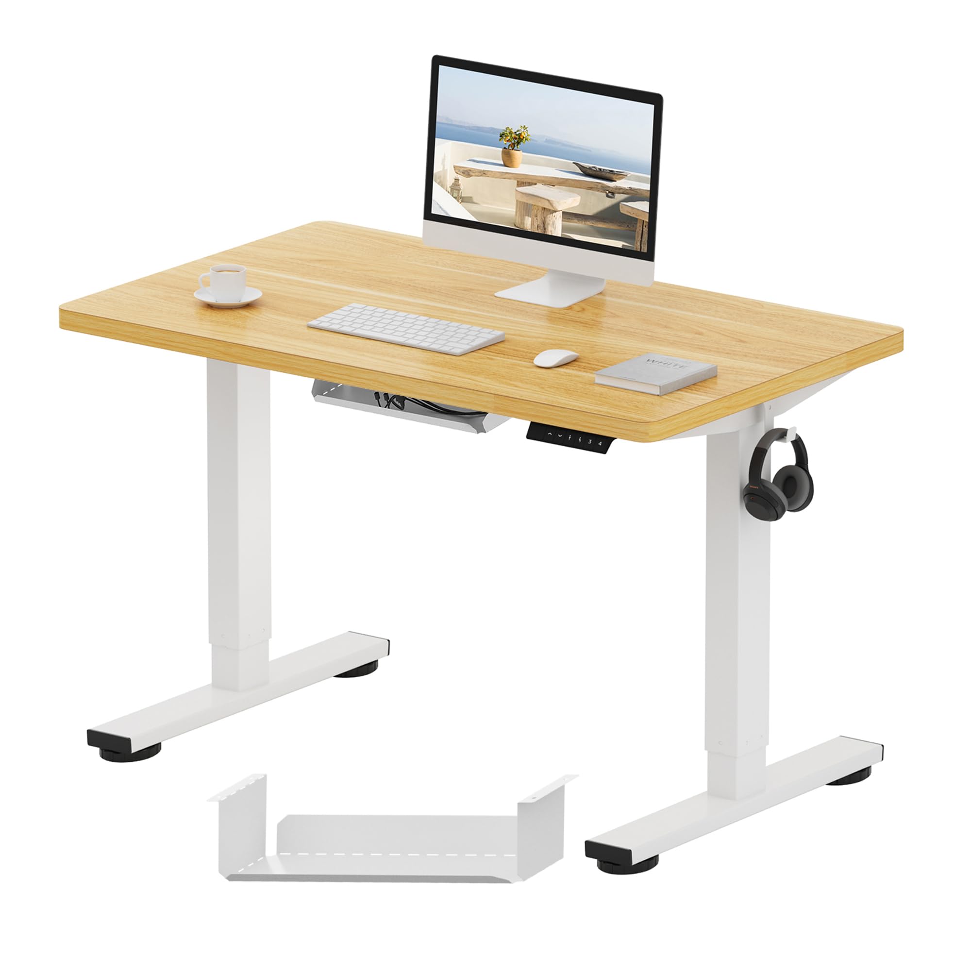 FLEXISPOT E1 Plus ONE PIECE Electric Standing Desk Height Adjustable Sit Stand Desk with Memory Smart Panel for Home Office, 100 * 60cm, White Frame+Maple Desktop — image 1