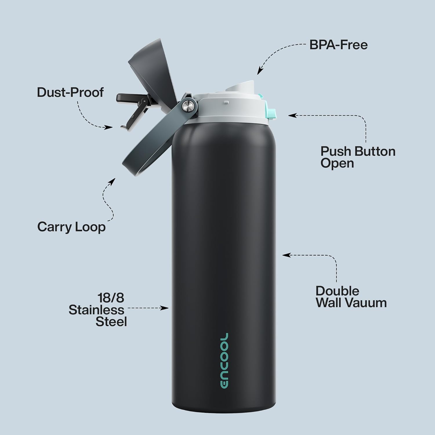 Insulated Water Bottle with Straw - Encool Stainless Steel Water Bottle with Push Button Lid, Leak-Proof & BPA-Free, Keeps Cold for 24 Hours for Sports, Travel, Gym (40 oz, Tuna Grey-Green)