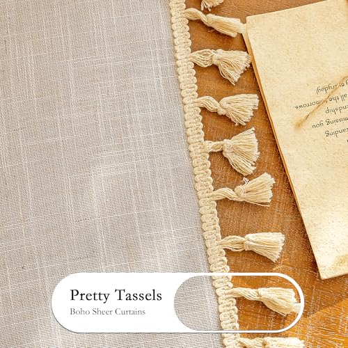 Image of MYSKY HOME Boho Cream Curtains with Macrame 72 Inch Length, Semi Sheer Drapes for Living Room Privacy Protect Rustic Farmhouse Style Back Tab for Doorways, 50 inch x 72 inch, Natural,2 Panels