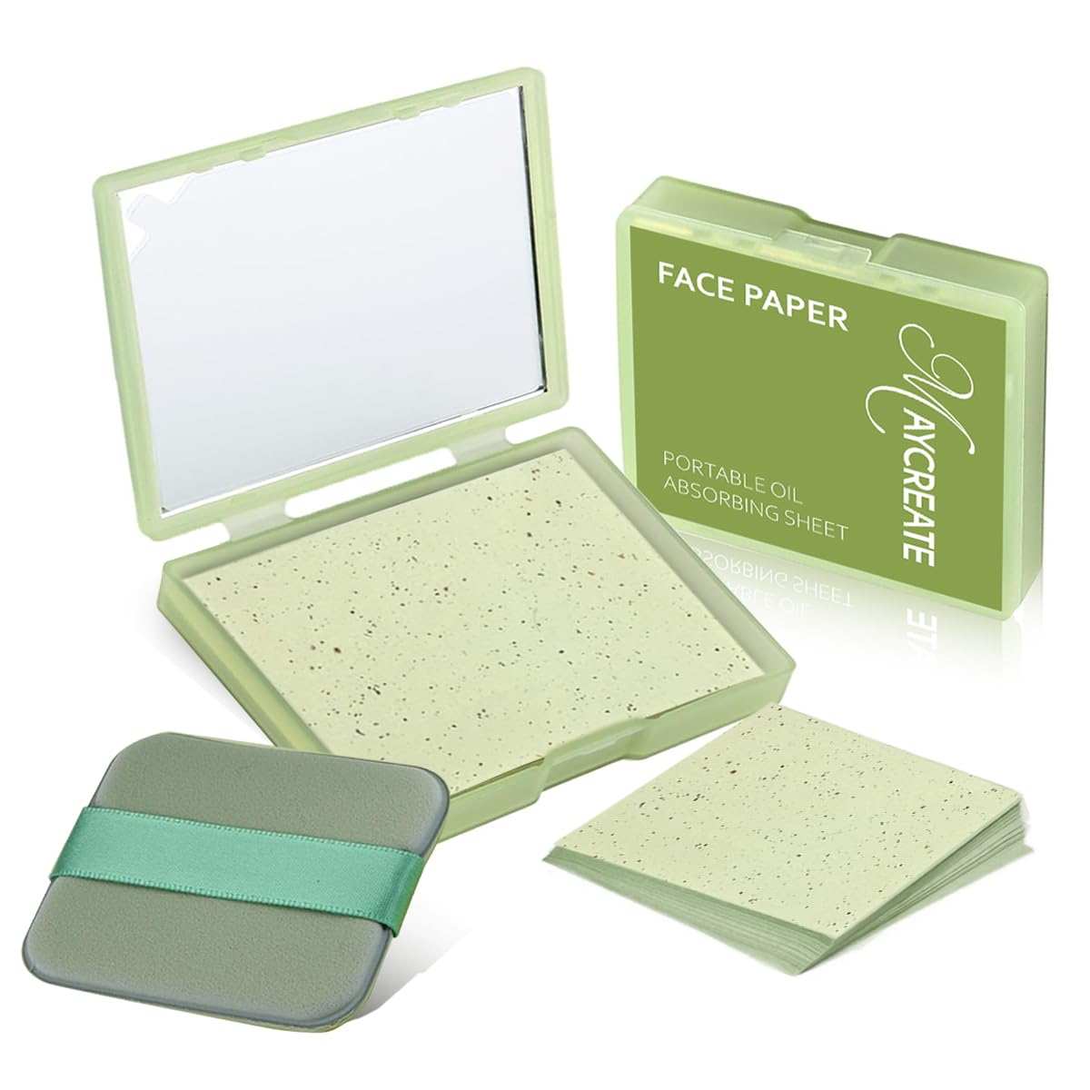 MAYCREATE® 100Pcs Face Blotting Paper for Oily Skin, Oil Blotting Sheets for Face, Natural Linen Oil Paper for Face, Blotting Paper for Makeup, Built-in Mirror & Powder Puff for Women Men (Green Tea)-image-4