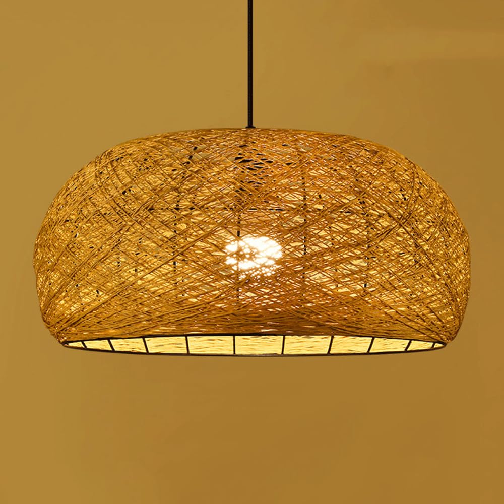 CHUNGYANG E27 Screw Hanging Lamp Hand Woven Farmhouse Bedroom Living Room Pendant Light Wabi Sabi Style Bamboo Rattan Chandelier with Adjustable Suspension Line Minimalist Restaurant Pendant Lamp