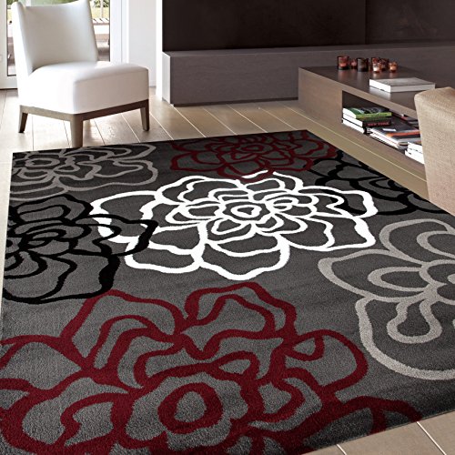 Contemporary Modern Floral Flowers Red/Gray Area Rug 5' 3