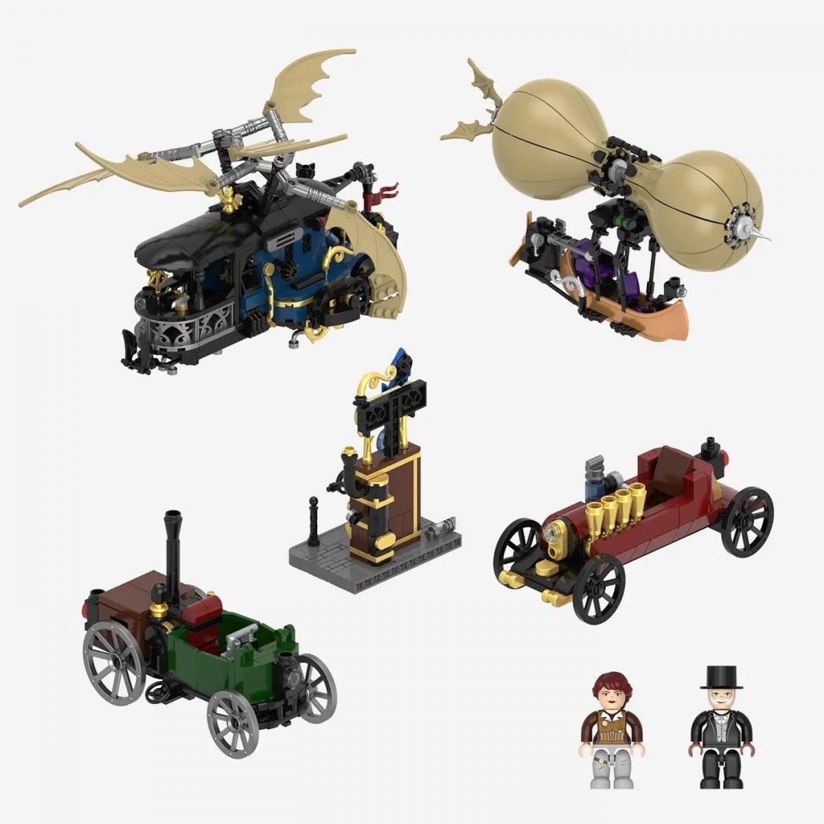 BlueBrixx Steampunk Motorwagen und Flugmaschinen, 1199 Klemmbausteine | Mehrere Modelle im Set, drehbarer Rotor, Ballonfluggerät, Messingoptik, 485 x 400 x 185 mm, ab 10 Jahren, 108935