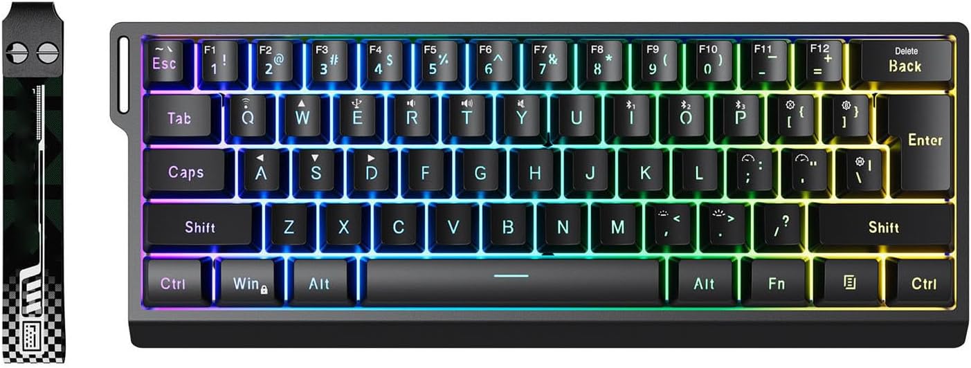 Wireless Mechanical Gaming Keyboard, 60% Compact 61 Keys with Triple Mode 2.4G Bluetooth USB, RGB Backlit, Anti-Ghosting, Rechargeable (Black)