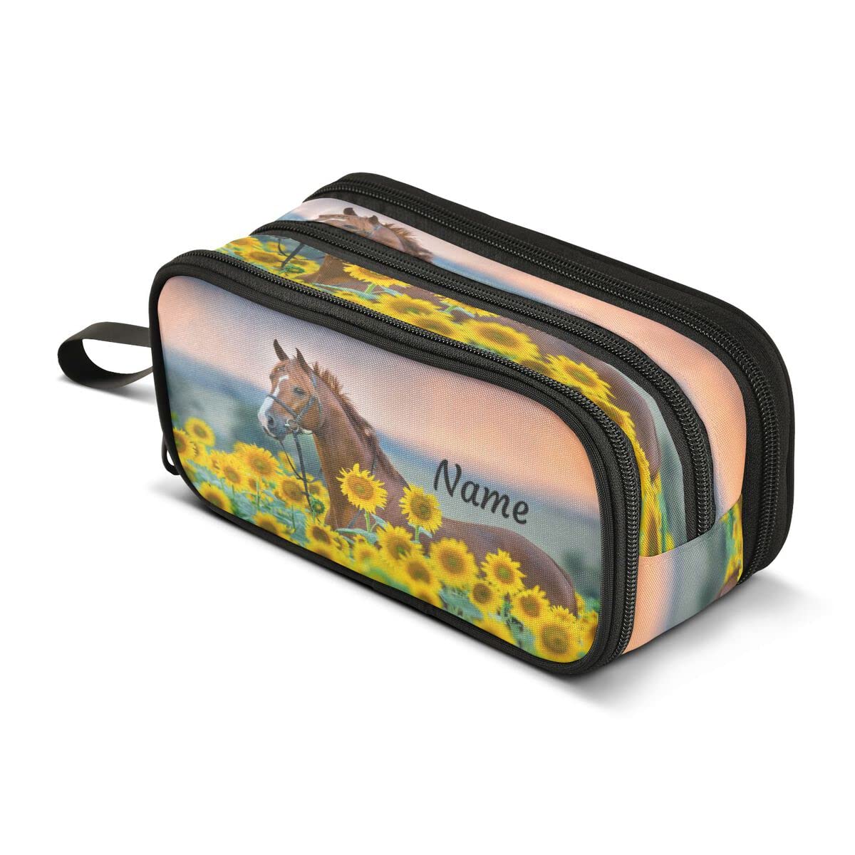 Custom Pencil Case Horse Sunflowers 3 Compartment Kids Name Pen Bag Pouch Holder Box School Portable Stationery Storage Bag for Girls Boys