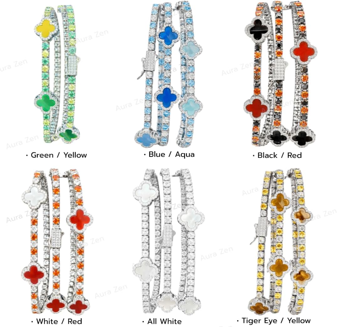 Aura Zen Moissanite Clover Tennis Bracelets 925 Sterling Silver 3mm 4 leaf – Orisha Spiritual Collection – Elegua, Chango, Oshun, Yemaya, Orula, Obatala – Unisex Luxury Protection & Luck Jewelry Gift