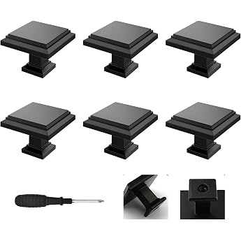 Wondora Square Furniture Knobs 31 x 22 mm Black Matt Including Mounting Kit | Tiered retro design made of rust-proof zinc all
