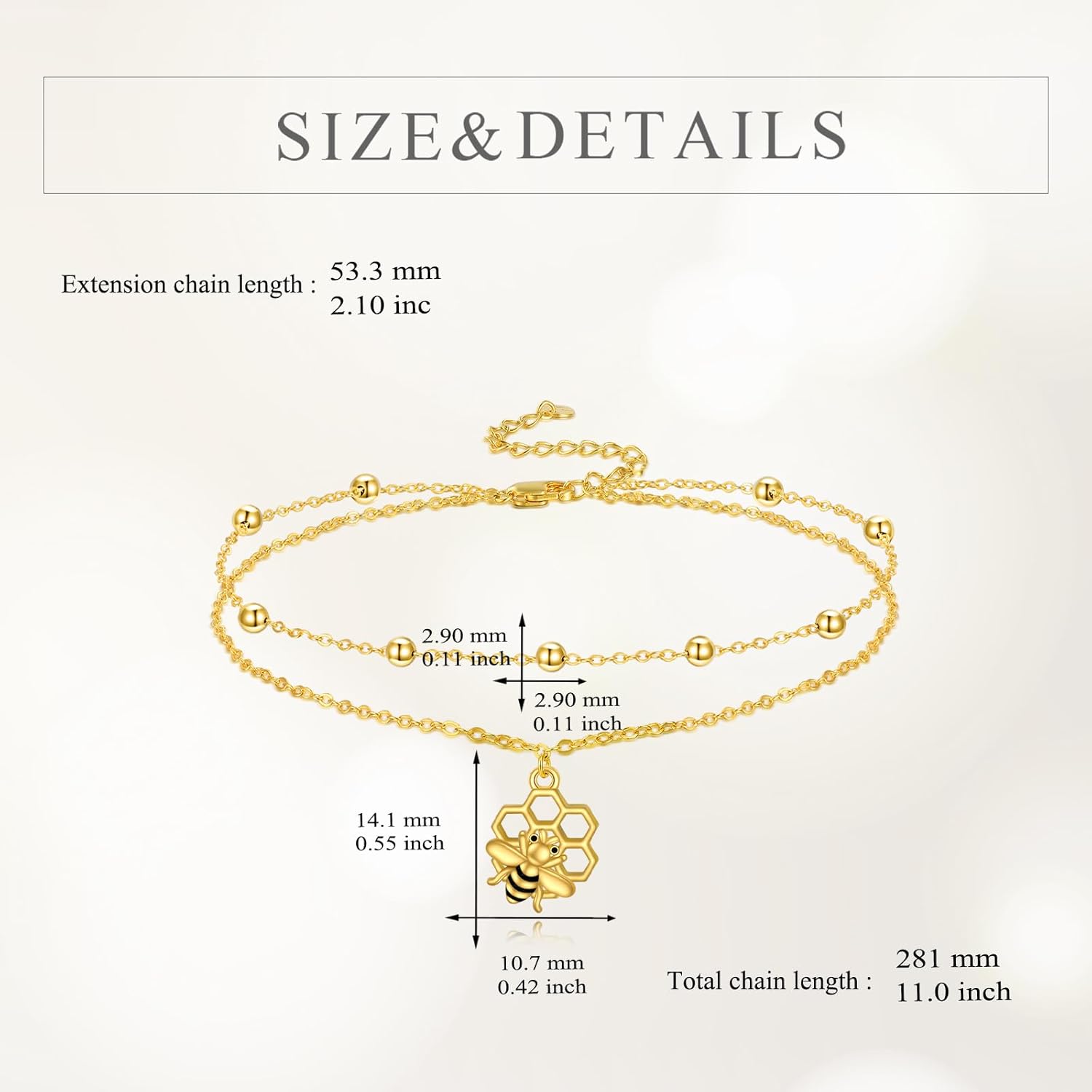 TIGER RIDER Anklet/Bracelet S925 Sterling Silver Beaded Anklet Beach Jewelry for Women Mother Sister Grandma (bee, 23.5, Centimeters)