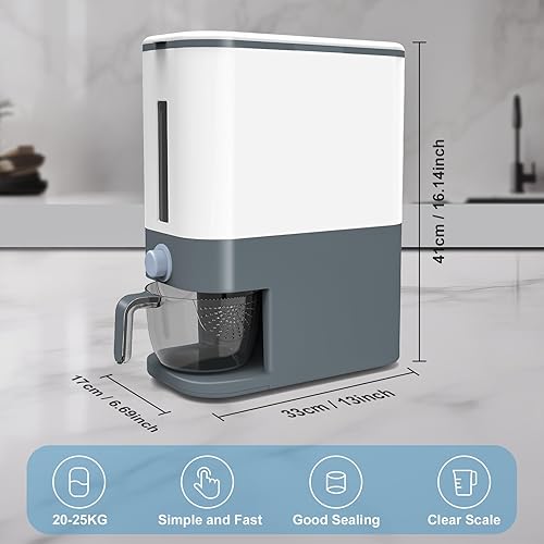 Miniatura 3 de Dispensador de cereales y arroz de 25 libras - Contenedor hermético de almacenamiento para encimera para cocina y despensa, Dispensador de Arroz